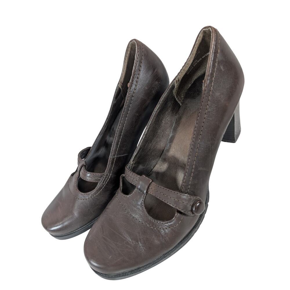 BASS! FAB ESPRESSO BROWN GENUINE LEATHER MARY JANE STYLE STACKED HEELS! SZ 7M